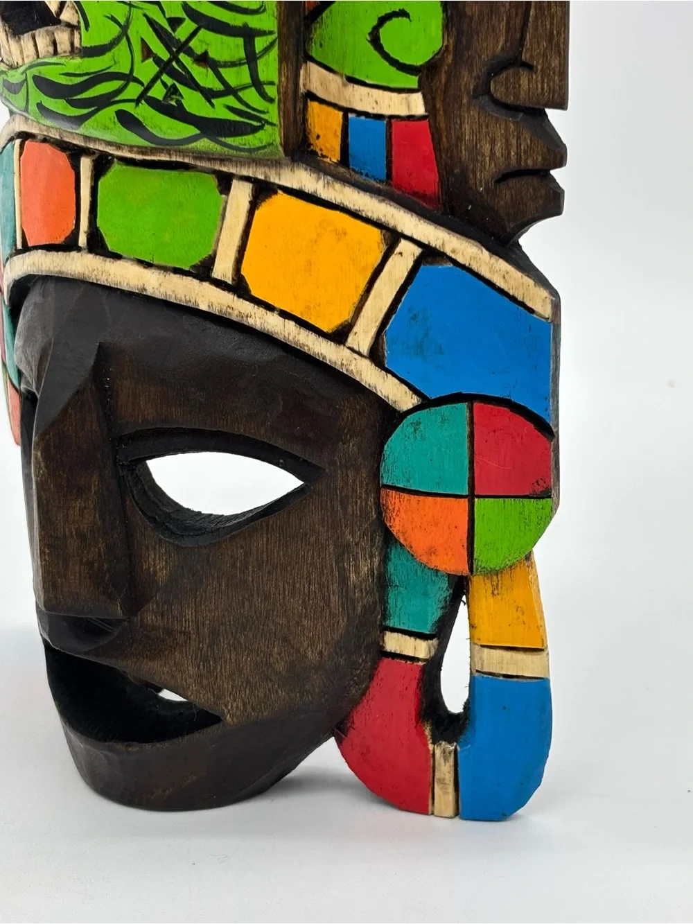Hand Carved Wooden Mexican Mayan Face Mask Painted 3D Folk Art Wall Hanging Deco